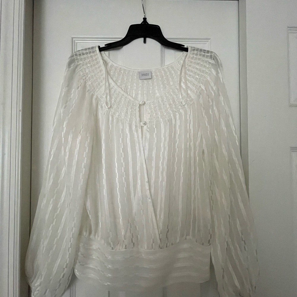 Suzy Shier Cream Sheer Blouse with Button Accents